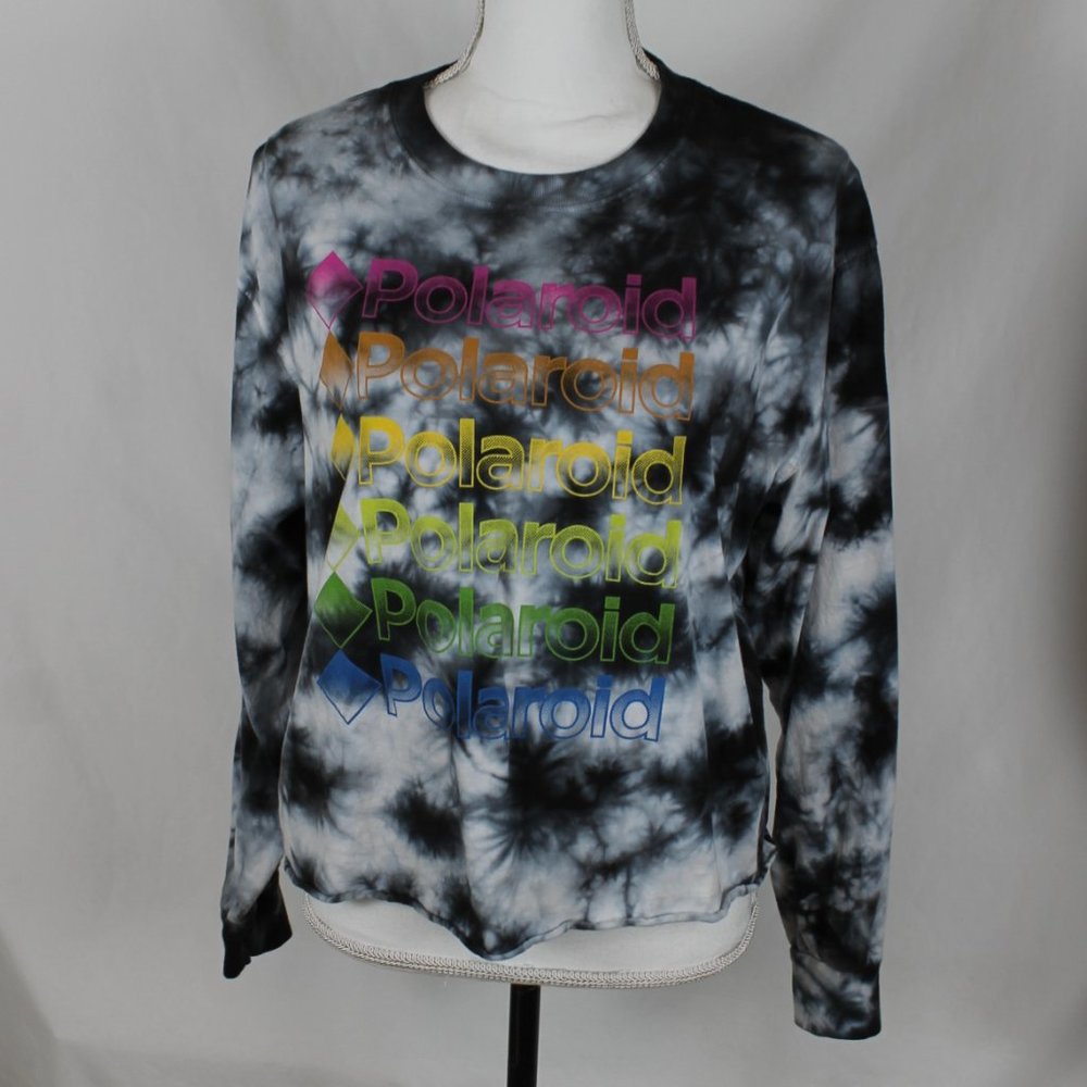 POLAROID T-Shirt Woman Size XXL Black Tie Dye Cropped Long Sleeve Rainbow Logo - Picture 3 of 11